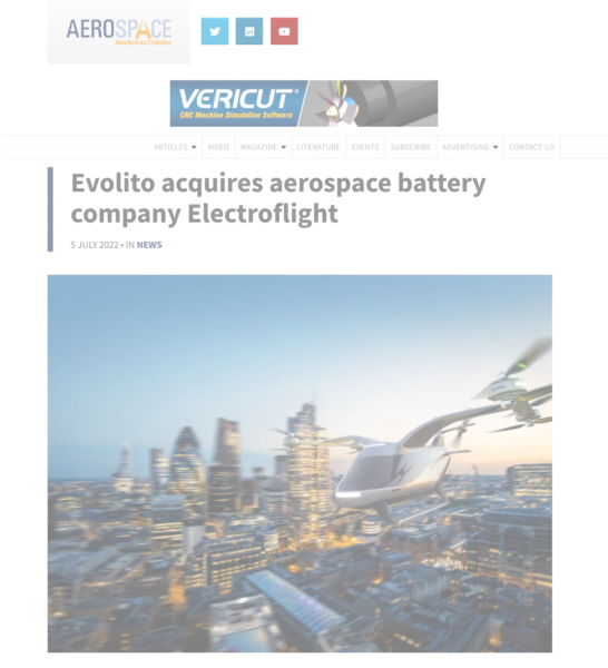 Aerospace Manufacturing | Evolito acquires aerospace battery company Electroflight