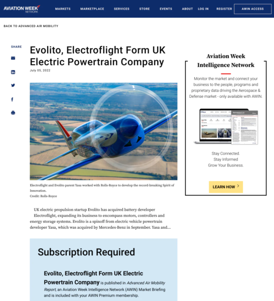 Aviationweek.com | Evolito, Electroflight Form UK Electric Powertrain Company