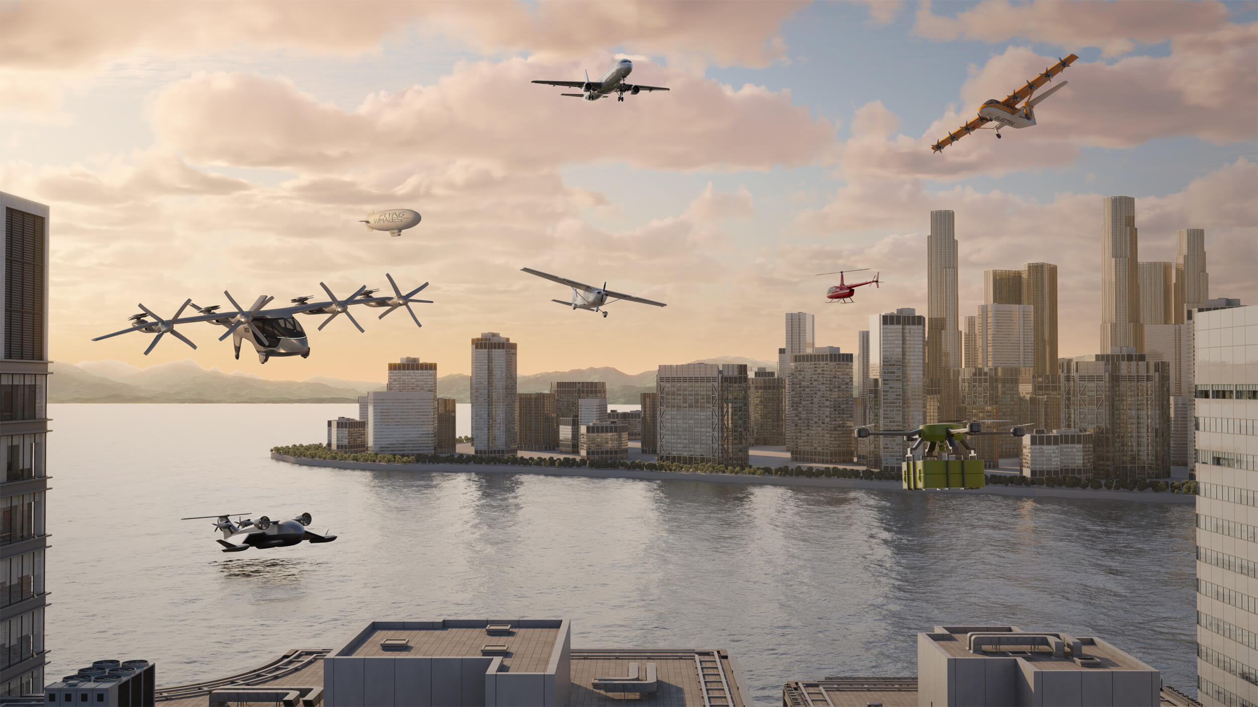 Aircraft in city skyline